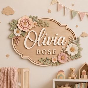 Custom Floral Baby Name Sign, Personalized 3D Wooden Name Decor, Boho Nursery Wall Art, Girl Room Name Plaque, Baby Shower Gift