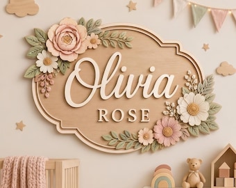 Custom Floral Baby Name Sign, Personalized 3D Wooden Name Decor, Boho Nursery Wall Art, Girl Room Name Plaque, Baby Shower Gift
