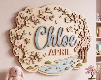 Personalized Cherry Blossom Name Sign, Custom 3D Wooden Floral Nursery Decor, Sakura Wall Art, Layered Blossom Kids Room Gift