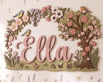 Personalized Floral Baby Name Sign, Custom 3D Wooden Nursery Decor, Flower Wall Art, Layered Floral Name Plaque, Baby Room Gift