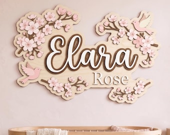 Personalized Cherry Blossom Name Sign, Nursery Wall Decor, Custom Sakura Kids Room Sign, Floral Nursery Decor, Wooden Name Plaque Gift