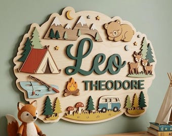Personalized Camping Name Sign, Custom 3D Wooden Adventure Nursery Decor, Campfire Wall Art, Layered Outdoor Kids Room Gift