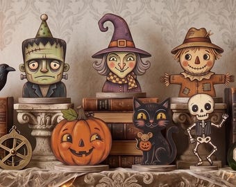 Halloween Decor Indoor, Retro Wooden Block Decor, Cute Pumpkin, Black Cat, Skeleton,  Witch, Scarecrow, Spooky Home Decoration Gift