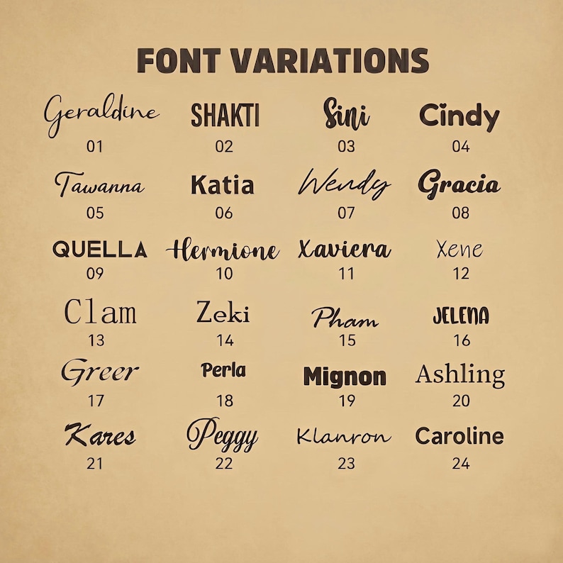 May include: A chart titled FONT VARIATIONS displaying twenty-four distinct text styles in dark brown on a light tan background. Each entry features a name written in a unique typeface, numbered from 01 to 24, showcasing various script, serif, and sans-serif designs.