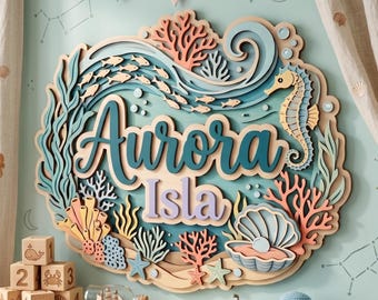 Personalized Ocean Name Sign, Custom 3D Wooden Sea Life Nursery Decor, Coastal Wall Art, Ocean Kids Room Gift