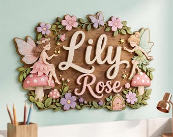 Personalized Fairy Garden Name Sign, Custom 3D Wooden Fairy Nursery Decor, Enchanted Forest Wall Art, Magical Fairy Room Gift