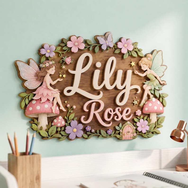 May include: A wooden wall plaque featuring the name Lily Rose in raised cream lettering. The design includes two fairies with wings, pink and purple flowers, green leaves, a butterfly, and two red mushrooms with white spots on a dark wood base.