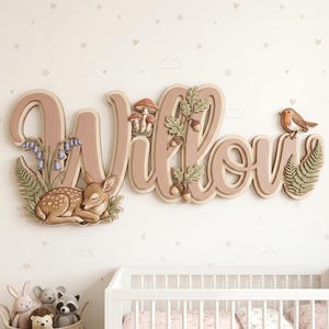 Personalized Woodland Deer Nursery Name Sign, Custom 3D Wooden Baby Name Decor,  Layered Woodland Plaque for Kids Room Gift
