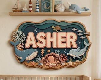 Personalized Ocean Baby Name Sign, Custom 3D Wooden Nursery Decor, Sea Life Wall Art, Layered Coastal Name Plaque, Baby Room Gift