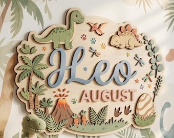 Personalized Dinosaur Name Sign, Custom 3D Wooden Dino Nursery Decor, Prehistoric Wall Art, Layered Dinosaur Kids Room Gift