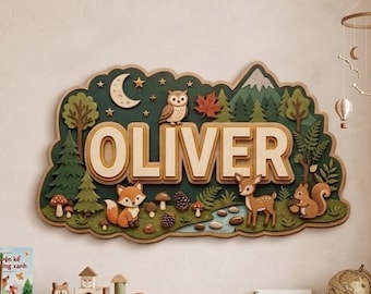 Personalized Woodland Baby Name Sign, Custom 3D Wooden Nursery Decor, Woodland Animal Wall Art, Layered Forest Name Plaque, Baby Room Gift