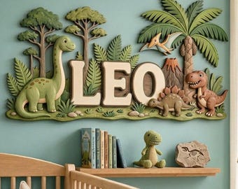 Personalized Dinosaur Baby Name Sign, Custom 3D Wooden Nursery Decor, Dinosaur Wall Art, Layered Dino Name Plaque, Baby Room Gift