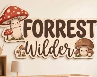 Personalized Mushroom Name Sign, Nursery Wall Decor, Custom Woodland Kids Room Sign, Forest Mushroom Nursery Decor, Wooden Name Plaque Gift