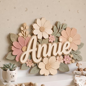 Flower Nursery Name Sign for Girls,Personalized 3D Wooden Baby Name Decor,Custom Boho Floral Wall Art,Layered Wood Plaque for Baby Room Gift