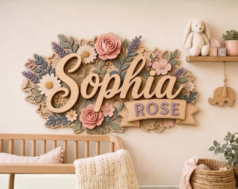 Floral Nursery Sign Decor, Personalized Wildflower Name Sign, 3D Wood Baby Name Sign, Floral Kids Name Plaque, Boho Baby Girl Room Decor