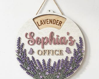 Personalized Lavender Office Status Sign, Custom Lavender Door Hanger, Rotating Office Spinner Sign, Wooden Workspace Decor