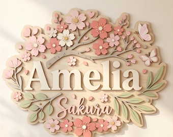 Personalized Cherry Blossom Name Sign, Custom 3D Wooden Floral Nursery Decor, Sakura Wall Art, Layered Blossom Kids Room Gift