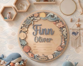Personalized Ocean Baby Name Sign, Custom Newborn Birth Stats Plaque, Coastal Sea Nursery Decor, Wooden Baby Sign, Ocean Baby Shower Gift