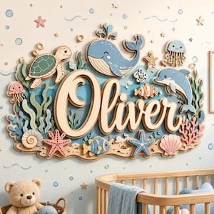 Personalized Ocean Nursery Name Sign, Custom 3D Wooden Baby Name Decor, Coastal Sea Theme Wall Art, Layered Wood Plaque for Baby Room Gift