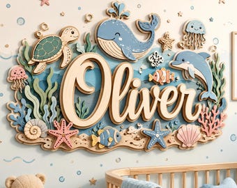 Personalized Ocean Nursery Name Sign, Custom 3D Wooden Baby Name Decor, Coastal Sea Theme Wall Art, Layered Wood Plaque for Baby Room Gift