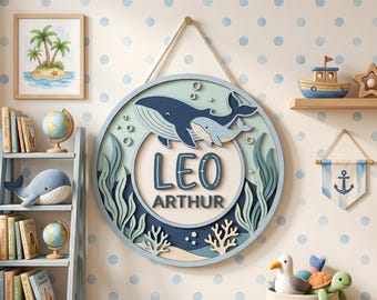 Personalized Whale Nursery Door Sign, Custom Name Wooden Round Sign, Ocean Whale Wall Decor, Baby Shower Gift, Newborn Room Art