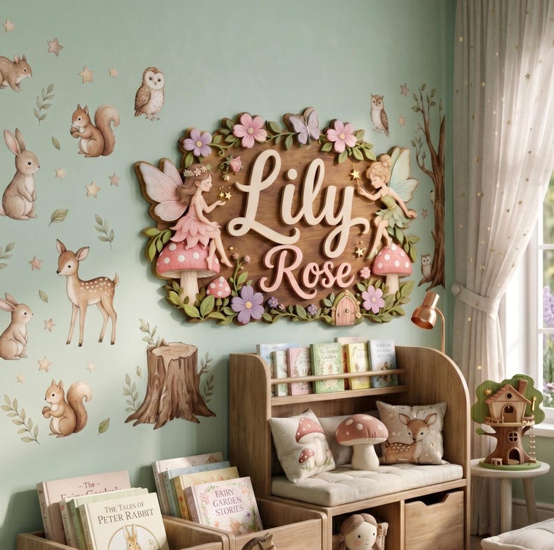 May include: A wooden wall sign featuring the name Lily Rose in raised lettering, surrounded by sculpted fairies, pink mushrooms, flowers, and a butterfly. The wall is decorated with woodland animal decals including a deer, rabbits, and squirrels.