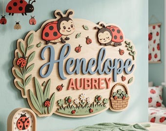 Personalized Ladybug Name Sign, Custom 3D Wooden Bug Nursery Decor, Ladybug Wall Art, Layered Garden Kids Room Gift