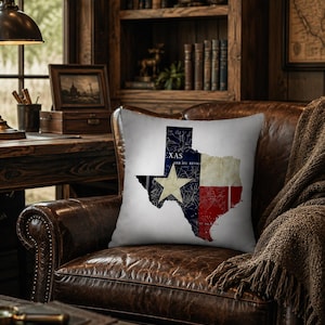 20”x20” Throw Pillow Cover, Double-Sided Printed Vintage Texas Map & Lone Star Flag, Rustic Western Home Decor - Texas Heritage Bound