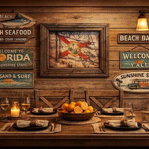 May include: A wooden dining table set with plates, napkins, and a bowl of oranges, positioned before a wall decorated with various Florida-themed signs, a framed flag print, and a three-light fixture hanging above the table.