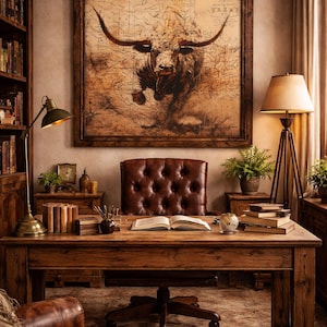 May include: A rustic home office featuring a large wooden desk, a tufted leather chair, and a framed artwork depicting a bull. The room includes a bookshelf, a floor lamp, and a desk lamp, creating a warm and inviting atmosphere.