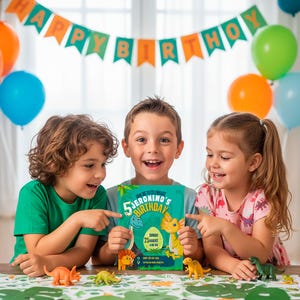 Puede incluir: Una tarjeta de invitación de cumpleaños rectangular con fondo verde, dinosaurios de dibujos animados y el texto 5 JERONIMO'S BIRTHDAY, SUNDAY 25 AUGUST, 4:00 PM. La tarjeta se muestra junto a pequeñas figuras de dinosaurios de plástico.