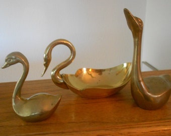 Vintage brass swan group.  Lot of brass figurines.  Brass swan dish.  Home decor.