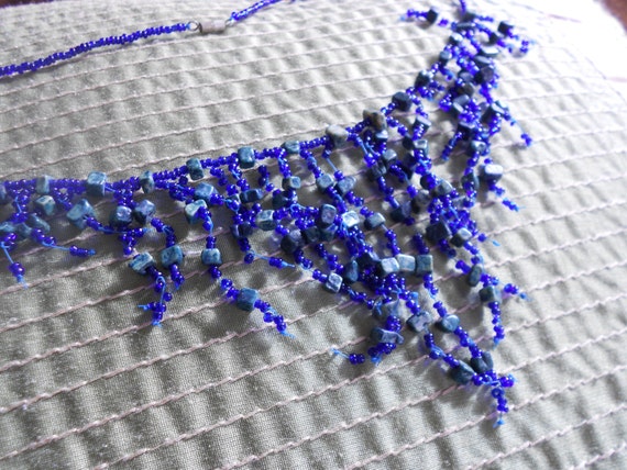 Vintage blue seed bead choker.  Bib necklace.  An… - image 2