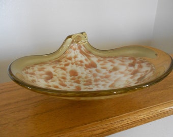 Vintage Murano gold flecked art glass dish.  Amber glass, Venetian glass.