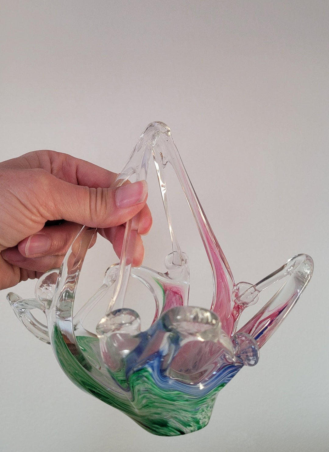 Vintage Murano Blown Glass Basket. Italy Free Form Multi Color Vase