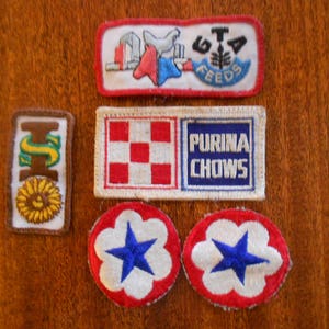Vintage seed company patches.  Purina.  GTA feeds emblems.  Farmer collectibles. Vintage folk art.  Free shipping.
