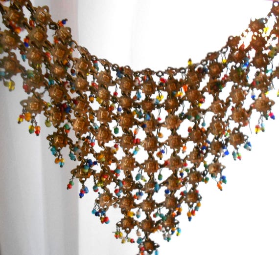 Vintage brass gold bib necklace.  Beaded necklace… - image 1