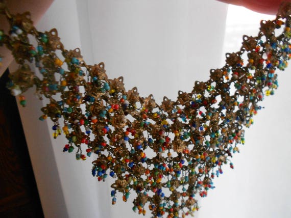 Vintage brass gold bib necklace.  Beaded necklace… - image 5
