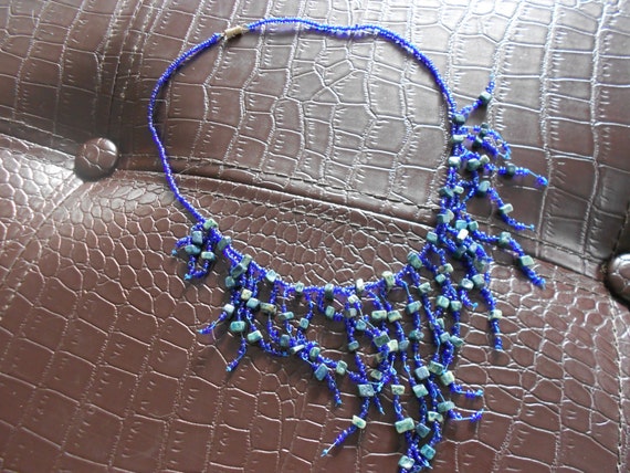 Vintage blue seed bead choker.  Bib necklace.  An… - image 1