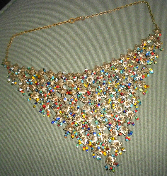 Vintage brass gold bib necklace.  Beaded necklace… - image 3