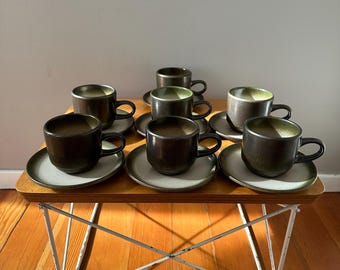 Heath Ceramics Mug and Saucer Set: Green Vellum, Black Interior