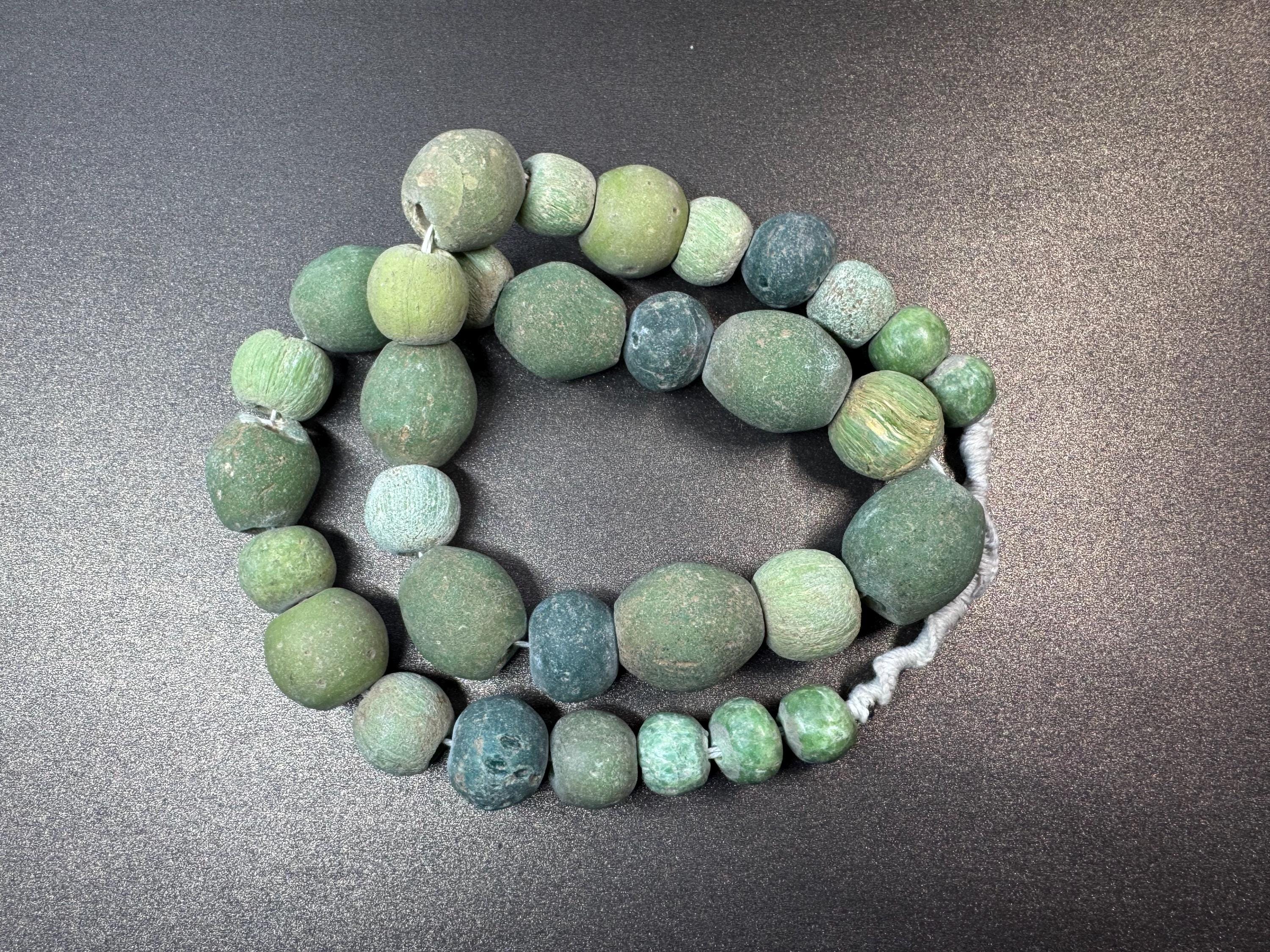 Ancient Indo-Pacific Jatim Glass Beads Strand - 32 Green Weathered East Java Trade Beads - Antique Indonesian Glass Beads Necklace(L145)