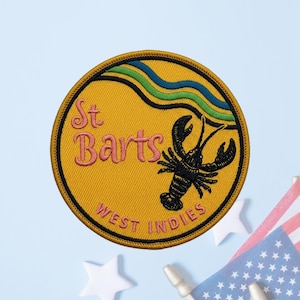 Vintage St Barts West Indies Embroidered Patch Round Travel Souvenir Badge Retro Lobster Iron On Patch Jacket Decor Gift
