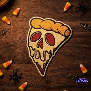 May include: An embroidered patch shaped like a slice of pizza with a skull design. The crust is golden yellow, the cheese is melting in a light cream color, and the eye sockets and nose are dark red. The patch features black outlines throughout.