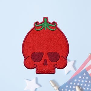 Skull Tomato Embroidered Patch, Spooky Red Fruit Iron-on Badge, Alternative Foodie Apparel Accessory