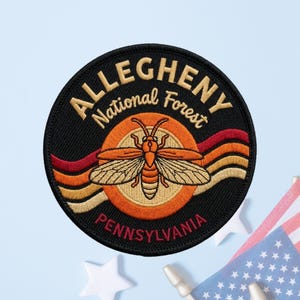 May include: A circular embroidered patch with a black background featuring a central orange circle containing a tan insect. Wavy horizontal stripes in red, orange, and tan cross the center. The text reads Allegheny National Forest and Pennsylvania.