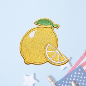 Lemon Fruit Embroidered Patch, Yellow Citrus with Slice Iron-on Badge, Fresh Food Souvenir, Apparel Accessory