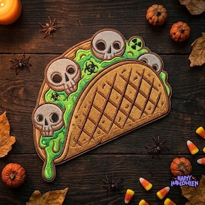 Spooky Skull Taco Embroidered Iron On Patch Zombie Slime Halloween Badge for Jackets Backpacks Jeans DIY Craft Applique