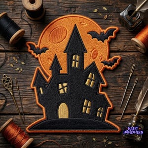 May include: An embroidered patch featuring a black haunted house silhouette against a large orange full moon with three black bats. The house has gold-colored windows and a door. The patch is surrounded by sewing supplies including thread spools, needles, and an ink bottle.