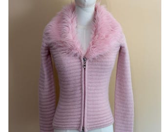 Cárdigan de punto acanalado con cremallera y piel sintética rosa vintage para mujer, talla XS, excelente estado.
